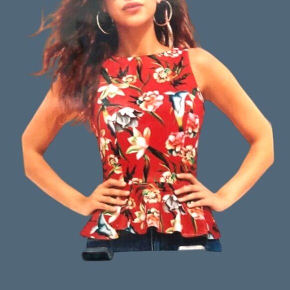 ALEXIA ADMOR- WOMENS RED FLORAL PREPLUM ZIP-UP CLOSURE TOP SIZE SMALL - Picture 2 of 6